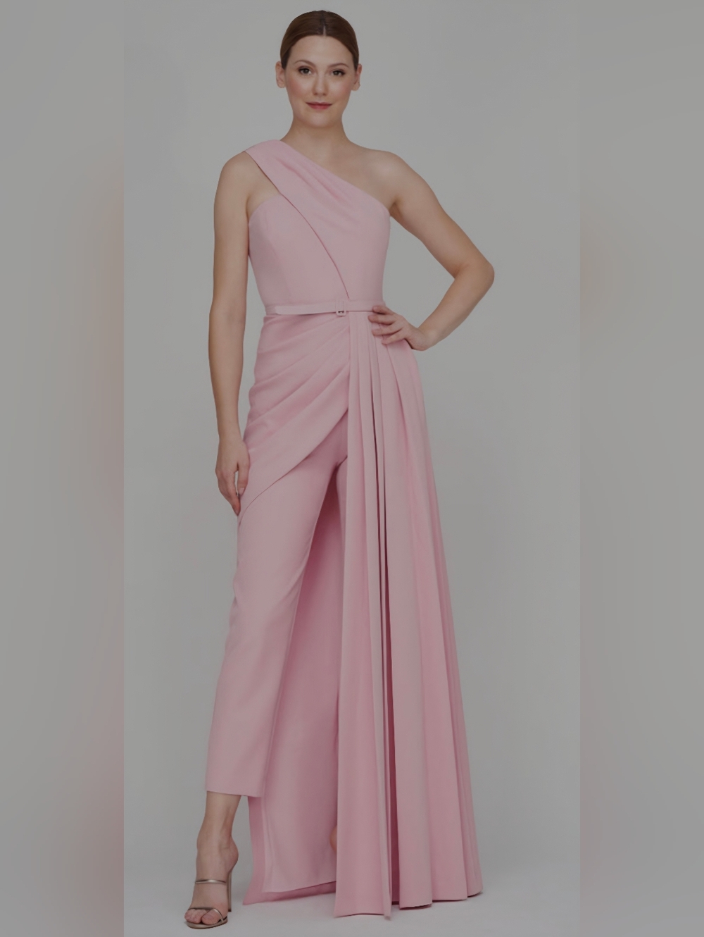 Kay Unger Blush Pink One-Shoulder Jumpsuit Gown